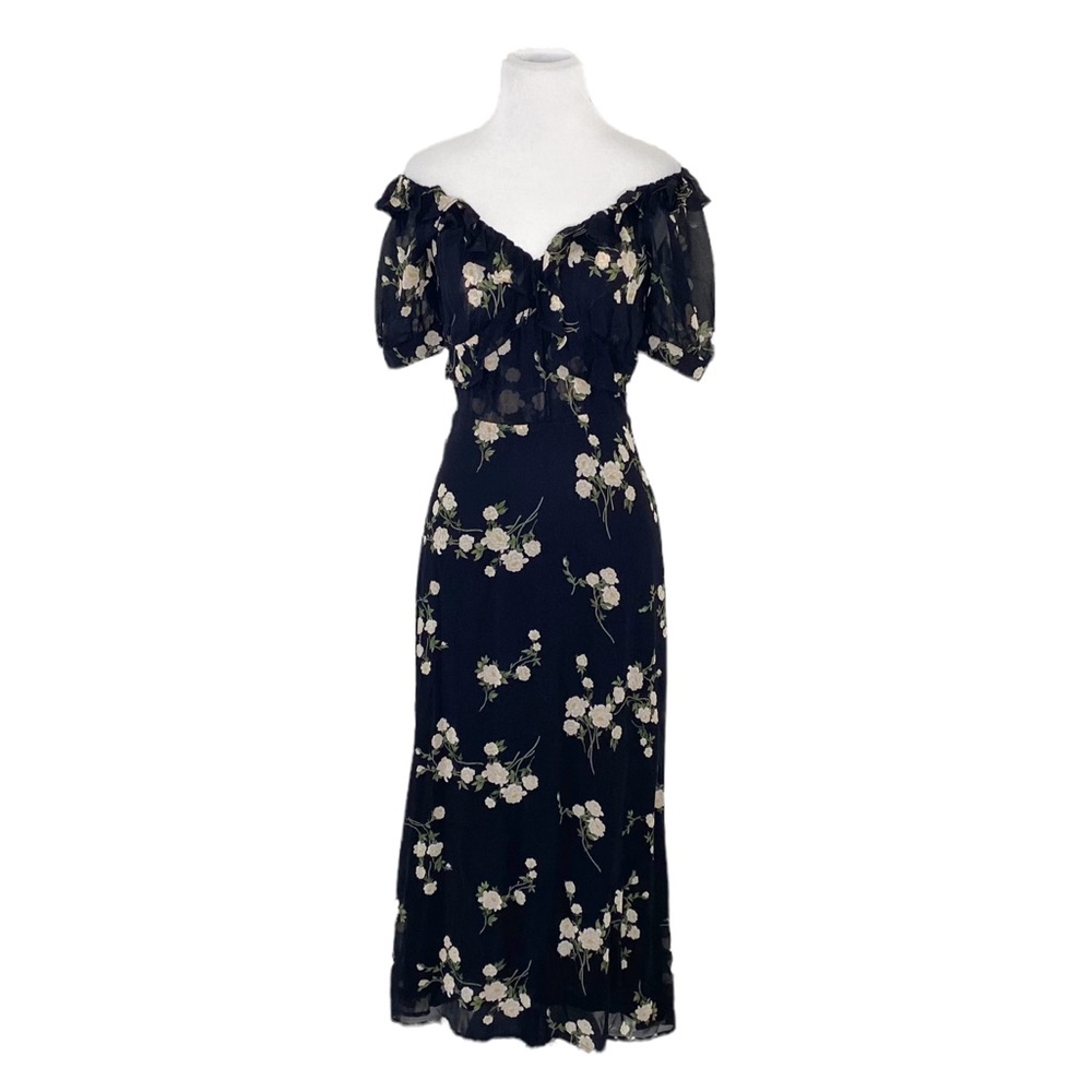 Reformation Inez Black Floral Off the Shoulder Midi Dress in Contessa Size 4 - Picture 5 of 10
